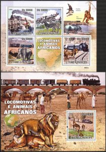 Sao Tome and Principe 2009 Trains Animals Lions Zebras Camels sheet + S/S MNH