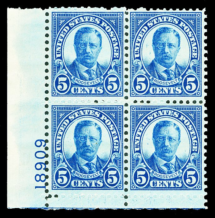Scott 637 5c Roosevelt Plate Block of Four Mint F-VF NH Cat $17.50