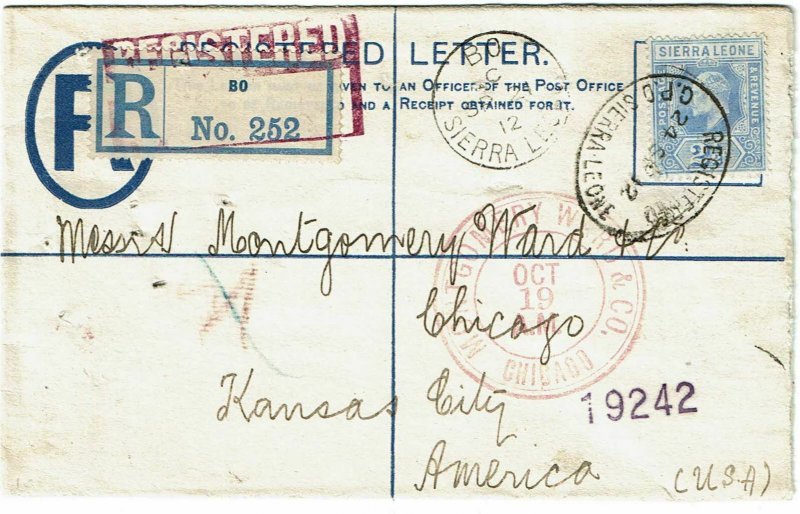 Sierra Leone 1912 Bo cancel on registry envelope to the U.S.