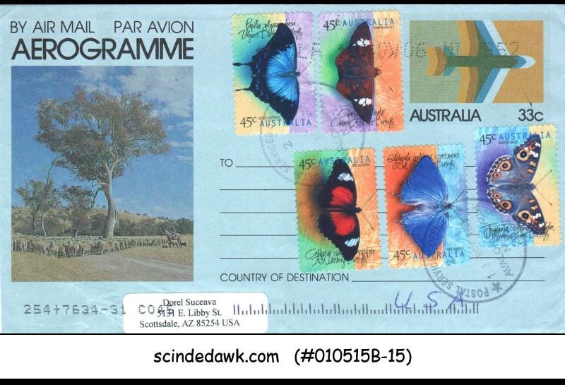 AUSTRALIA - 2006 33c AEROGRAMME TO USA WITH BUTTERFLY STAMPS