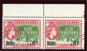 British Virgin Is 1962 QEII 70c on $1.20 stop to right of 'c' pair VFU. SG 171a. 