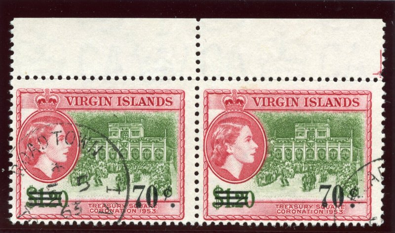 British Virgin Is 1962 QEII 70c on $1.20 stop to right of 'c' pair VFU. SG 171a. 