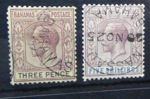 Bahamas 1921 - 1937 3d Purple on Yellow 5s Dull Purple & Blue Used