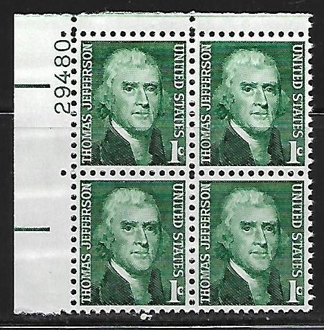 #1278 1c Jefferson Upper Left PB #29480 F VF NH - DCV=$.50