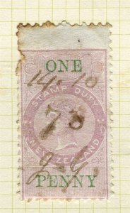 NEW ZEALAND; 1871 classic QV Stamp Duty issue used Shade of 1d. P.10 Wmk. NZ