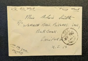 1944 FPO No 190 Egypt India Airmail Cover to Warner Brothers Pictures CA USA