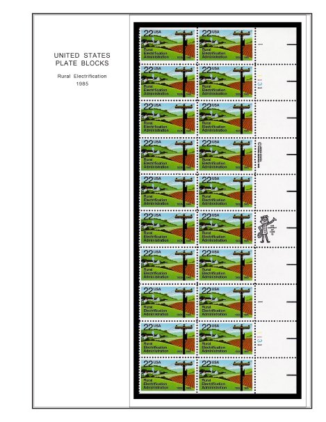 COLOR PRINTED US PLATE BLOCKS 1980-1989 STAMP ALBUM PAGES (104 illustr. pages)