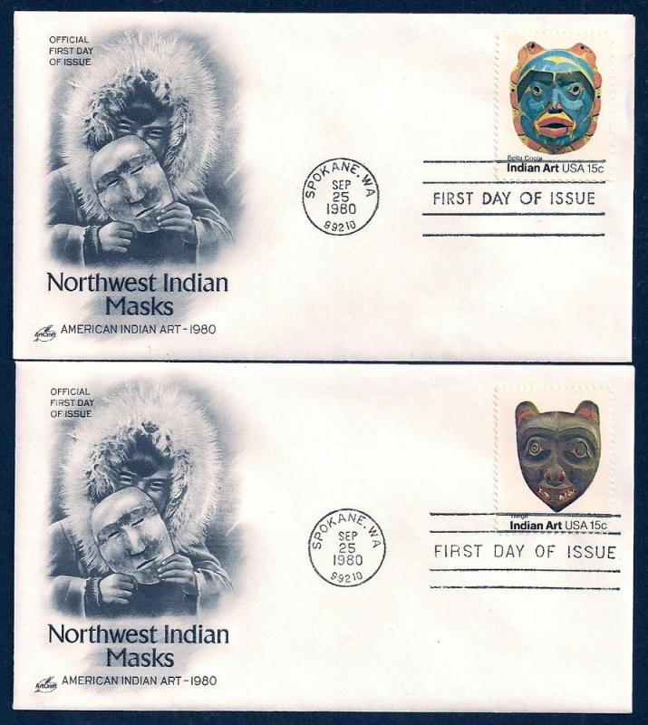 UNITED STATES FDCs (4) 15¢ Indian Masks 1980 ArtCraft