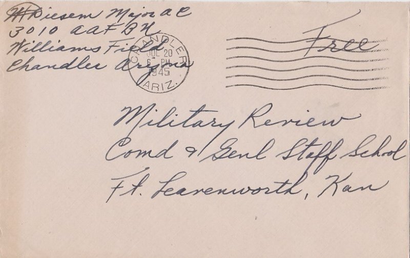 United States Arizona Chandler 1945 machine  Soldier's Free Mail  Inscribed...
