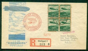 GERMANY, 1936 Hindenburg No. America regis Flight cover to U.S. w/nice cachet VF