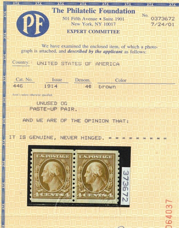 USA #446 Very Fine Never Hinged Coil Paste Up Pair **With Certificate** 