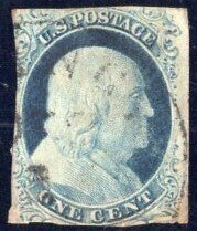 1c blue 1851 Franklin imperf TYII SC7
