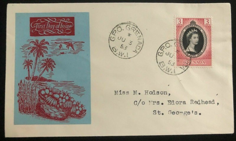 1953 Grenada QE2 Coronation First Day Cover Queen Elizabeth FDC To St George