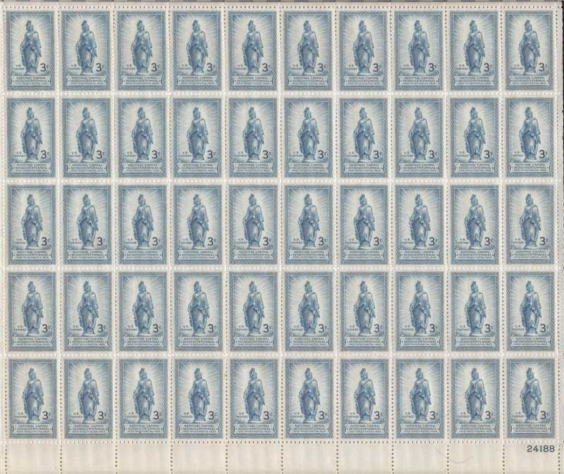 US Stamp - 1950 Statue of Freedom - 50 Stamp Sheet - Scott #989