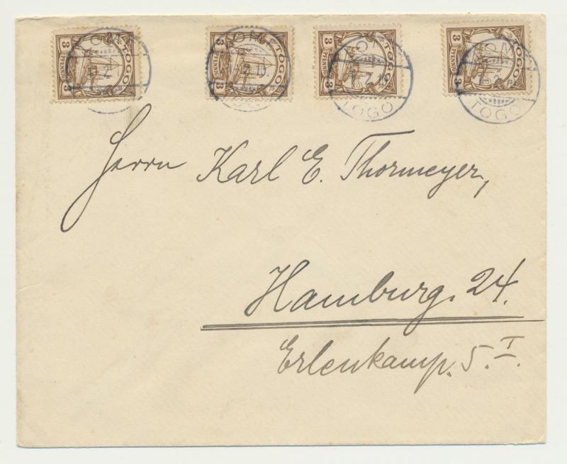 TOGO GERMAN COLONIES 1910 COVER LOME-HAMBURG, 4x3pf RATE (SEE BELOW