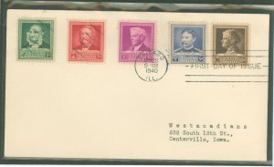 US 874-878 1940 10c Jane Addams FDC with a first day cancel on an uncachet addressed cover with four other stamps from the famou