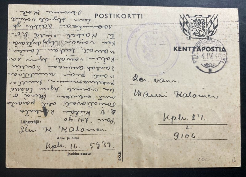 1940 Finland Kenttapost Censored Postcard Cover To Army Soldier 