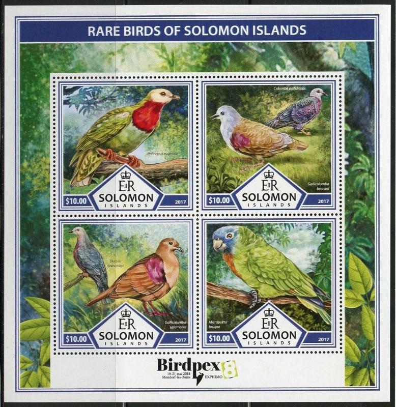 SOLOMON ISLANDS 2017  BIRDPEX RARE BIRDS OF SOLOMON ISLANDS SHEET MINT NH