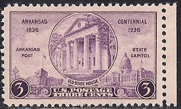 782 3 cent Arkansas Statehood Centennial, mint OG NH XXF
