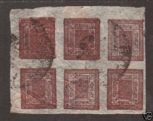Nepal Sc 15,15a used 1917 2a Block of 6, 2 tete-beche pairs