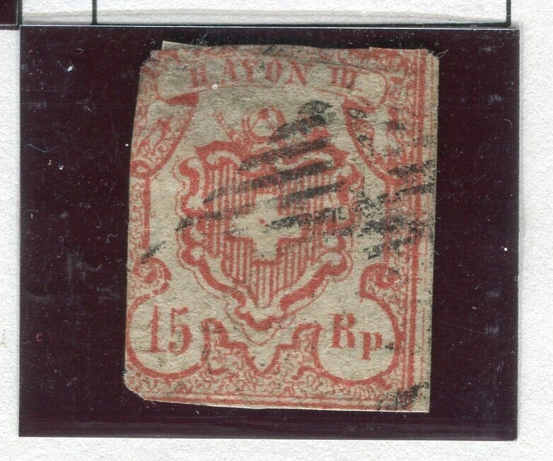 SWITZERLAND; 1850 classic RAYON III Imperf Local Post used small 15Rp. (thin)