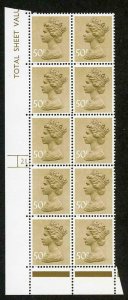 U427c 1990 Harrison 50p ochre ord paper cyl 21 dot block of ten 17 perf pin