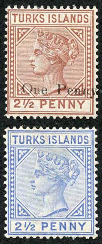 TURKS ISLANDS SG65 2 1/2d Ultramarine Die 2 Wmk Crown CA Perf 14 M/M