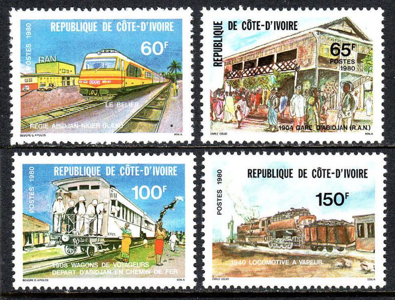 Ivory Coast 551-554, MNH. Locomotive, Railroad station, Passenger car, 1980