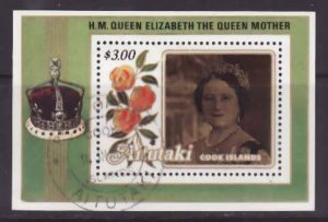 Aitutaki-Sc#377- id9-used sheet-Queen Mother-1985-