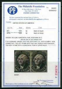 USAstamps Unused VF US 1845 Washington Pair Scott 9X1 OG MH +Cert Very Scarce