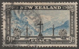 New Zealand, stamp, scott#256,  used, hinged,  9D,  blue, Peace
