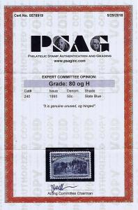 SC# 240 UNUSED ORIGINAL GUM HINGED COLUMBIAN, 1893, PSAG CERT GRADED VF 80