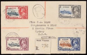 ST. VINCENT 1936 Registered cover franked KGV Silver Jubilee set. To Sydney.