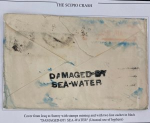 1936 Iraq Scipio Crash Flight Airmail Cover To Surrey England Damaged By Sea