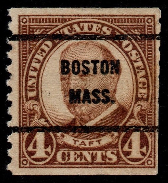 U.S. Scott #687: 1930 4¢ William H. Taft vert coil, Used, F, Boston MA precancel