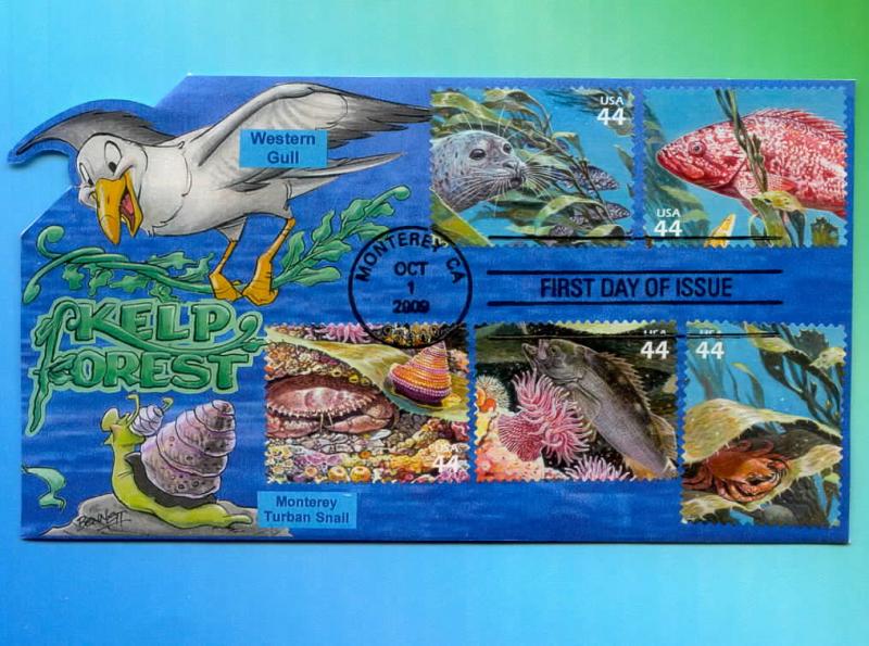 Kelp Forest - 10 Marine Life Stamps on 2 Colorful POP-UP FDC