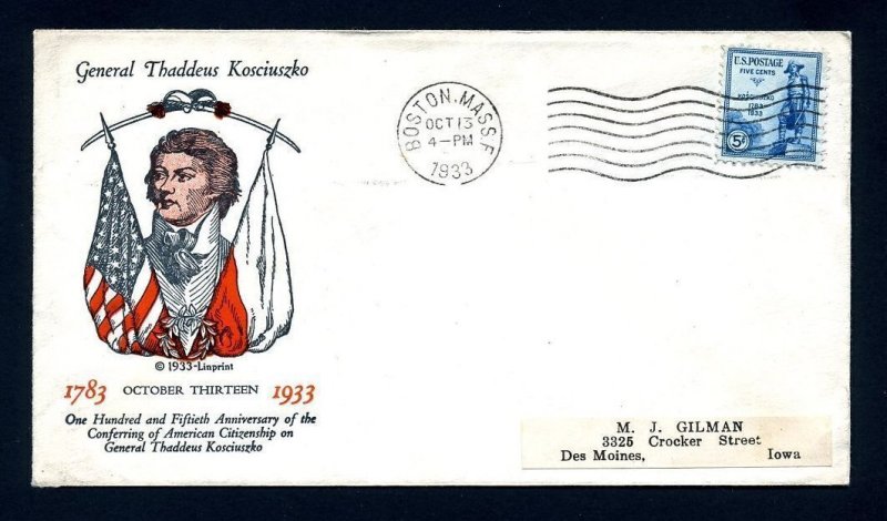 # 734 First Day Cover with LinPrint cachet Boston, MA - 10-13-1934