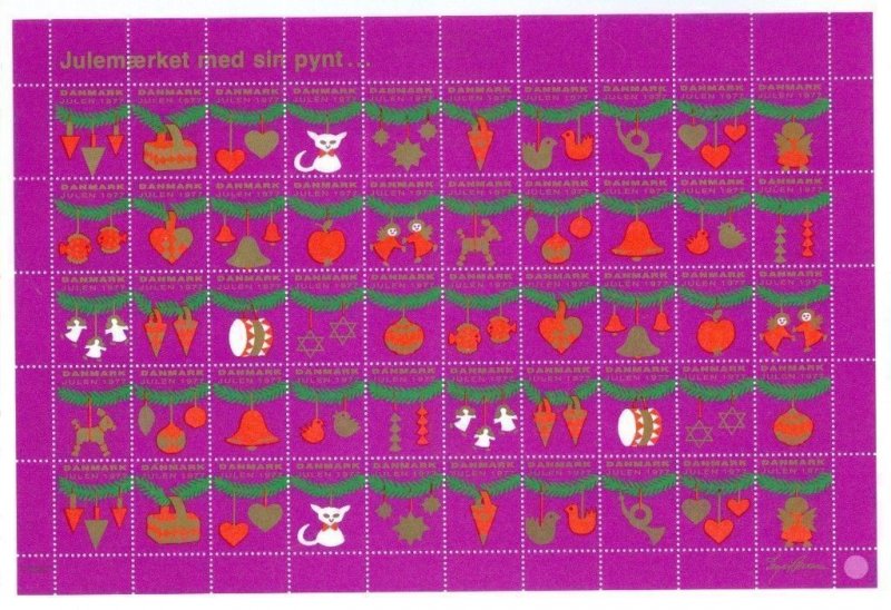 Denmark. 1977 Christmas Seal Unfolded Sheet.4-Side Perf. Cat,Birds,Angels,Stars.