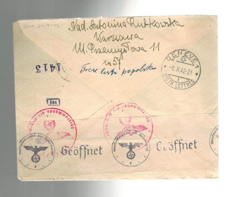 1942 Poland Germany  Cover to Comite Relico Switzerland Jewish War Victim Relief