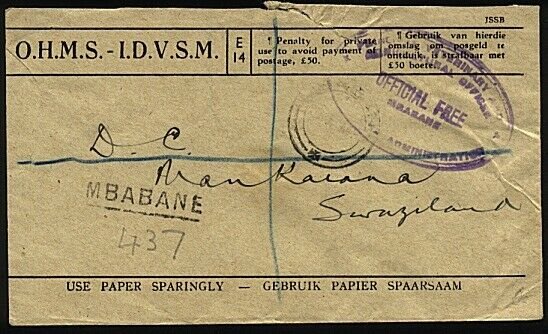 SWAZILAND 1949 OHMS registered cover Mbabane to Mankaiana (via S.A.).......23628