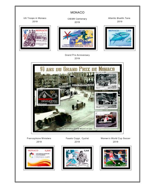 COLOR PRINTED MONACO 2011-2020 STAMP ALBUM PAGES (63 illustrated pages)