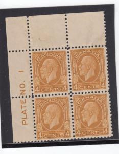 CANADA # 198 VF-MNH KGV PLATE 1 PLATE BLOCK 4cts UL OCHRE CAT VALUE $800