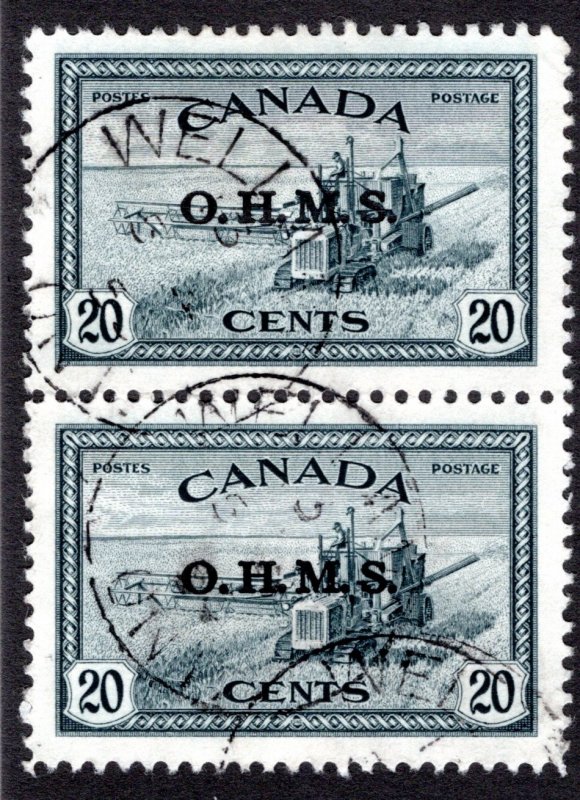 O8, Scott, 20c Combine, Overprinted O.H.M.S., Used, Vertical Pair, Canada BOB