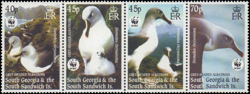 South Georgia #293a, Complete Set, Strip of 4, 2003, Birds, Polar, Never Hinged