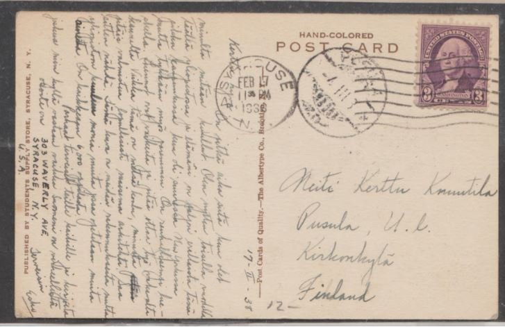 U.S. Scott #720 Postcard - Syracuse University to Finland - Feb 17, 38 See Front