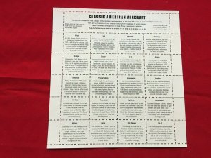 Classic American Aircraft Sheet of Twenty 32 Cent Stamps Scott 3142a By USPS 