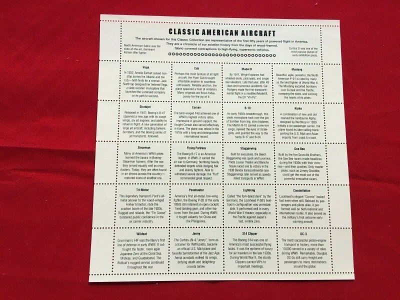 Classic American Aircraft Sheet of Twenty 32 Cent Stamps Scott 3142a By USPS 