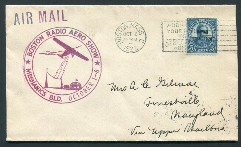 1928 Boston Radio Aero Show Cachet - Boston, MA - #648 Hawaii Overprint Stamp!