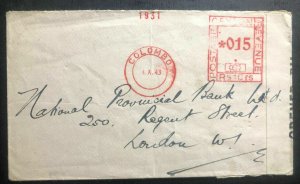 1943 Colombo Ceylon Meter Cancel Censored India Bank Cover To London England