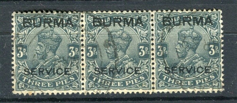 BURMA; 1930s early GV Optd. issue fine used 3p. Strip of 3